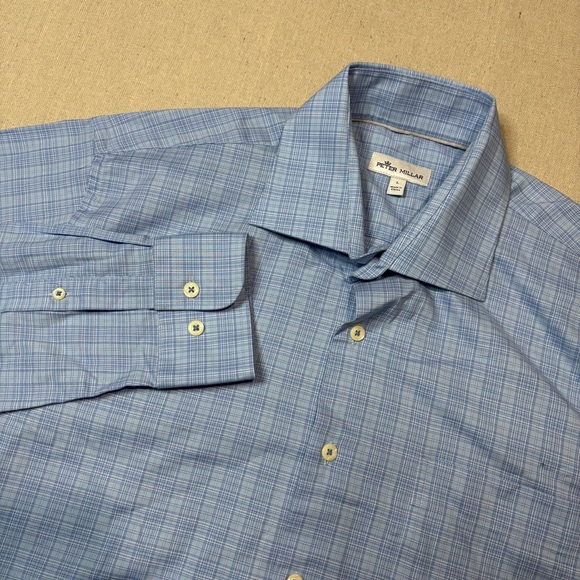 Peter Millar Grier Button Down Mens Large Blue Plaid Check Performance Work Wear - Picture 1 of 5